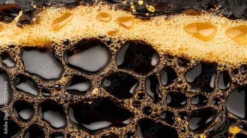 Close-Up View of Bubbles and Foam in Dark Liquid Surface