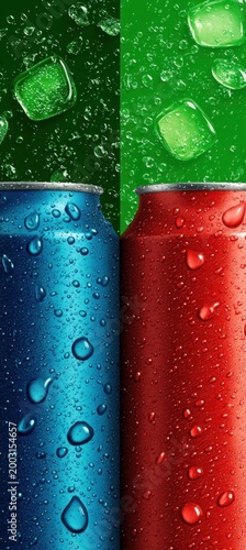 Refreshing Beverage Cans with Ice Cubes and Water Droplets