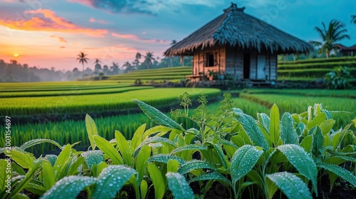 Dewy Green Leaves in Front of Traditional Balinese Hut and Rice Terraces at Sunset