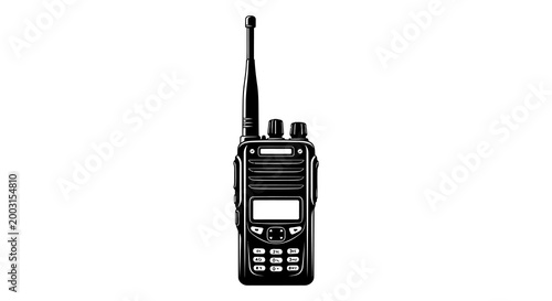 Black and white silhouette of a two way radio with extended antenna