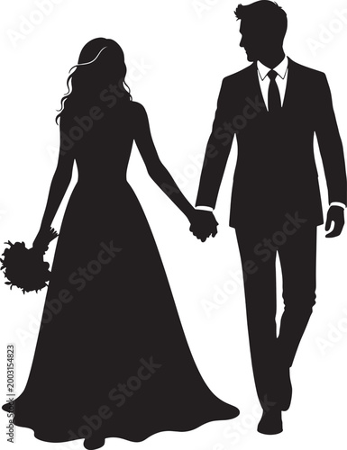 Elegant wedding couple silhouette bride and groom holding hands