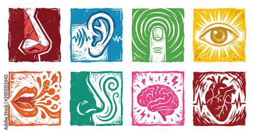 Collection of eight stylized icons representing human senses and body parts