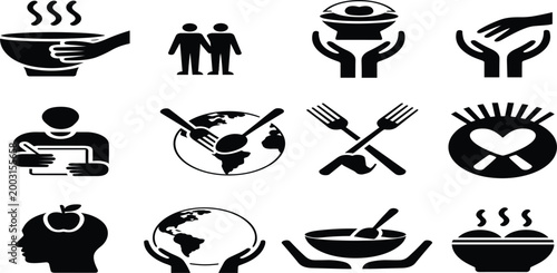 Collection of black and white icons representing food security and humanitarian aid help