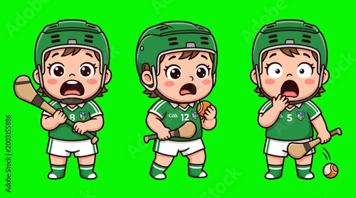Three Cartoon Hurling Players in Green Uniforms with Protective Helmets.