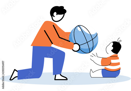 Father giving a globe to his baby vector illustration. Ecology protection, future legacy, sustainability, environmental awareness, education, parenting care. Parent offering earth to toddler