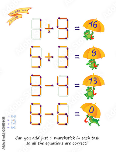 Can you add just 1 matchstick in each task so all the equations are correct? Logic puzzle game with matches. Exercises on addition and subtraction. Brain teaser book. Hand drawn vector illustration.