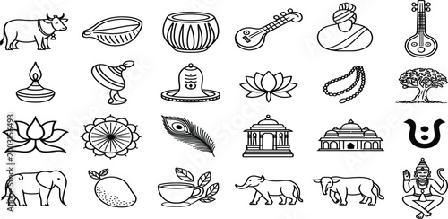 Indian Cultural Symbols and Icons Line Art Collection illustration untitled