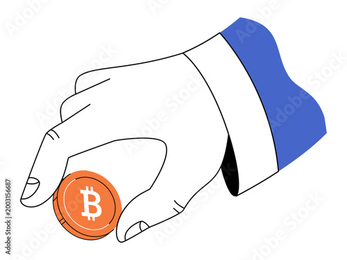 Hand holding a bitcoin coin vector illustration. Crypto trading, financial growth, digital wallet, blockchain tech, online investment, future banking. Human arm grasping virtual currency money