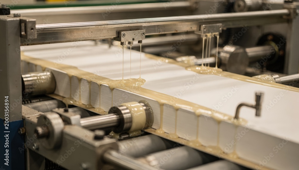 Fototapeta premium Medium shot of perfect bound book blocks moving through a gluing machine with sharp focus on adhesive application blurred background machinery visible.