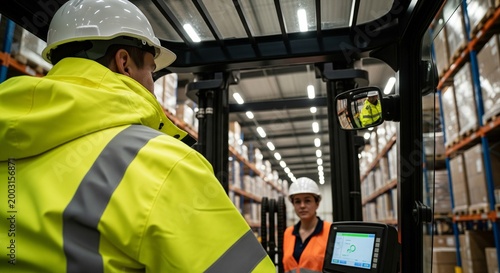 Forklift operator in high-visibility safety jacket and helmet driving in a warehouse, with colleague