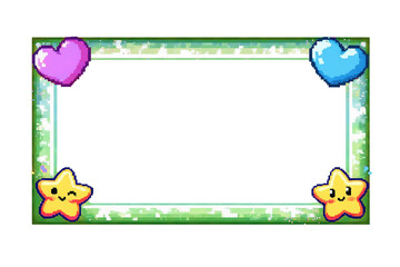Cute pixel art frame with hearts and stars, retro game style overlay border green version transparent PNG