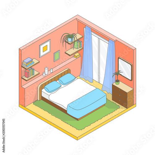 Vector isometric cute cartoon simple bedroom.Bedroom with wooden modern furniture, double bed, mirror, shelves and large window. Minimalist modern interior