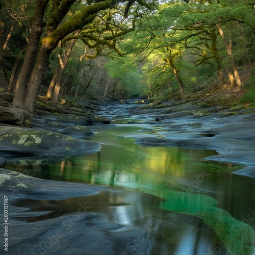 A serene forest stream flows gently through a lush landscape with trees and rocks.