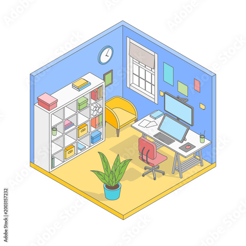 Vector isometric cute cartoon simple workroom of designer or artist. Room with white modern furniture, table with computer, office chair, rack, cabinet and large window. Minimalist modern interior