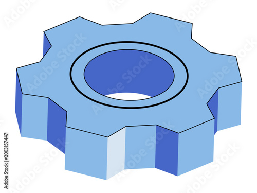 Blue three dimensional isometric gear on white vector illustration. Industrial automation, engineering, workflow, support, optimization, repair service. Metallic cogwheel machinery part
