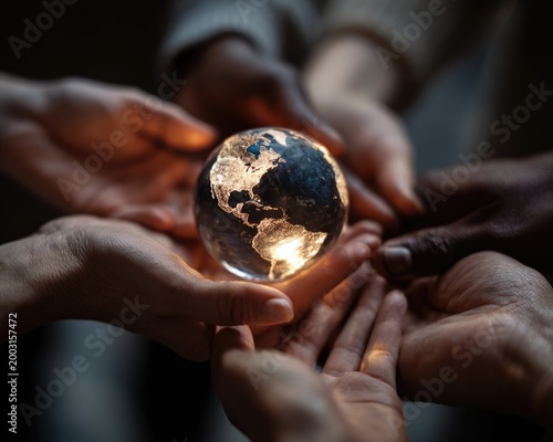 Hands of different ethnicities coming together to hold a small, glowing glass globe of Earth, soft cinematic lighting, studio background, professional photography