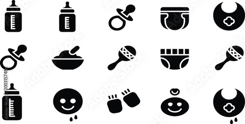 Set of black and white icons related to baby care and feeding essentials bottle