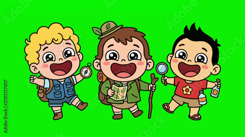 Three cheerful cartoon explorers ready for outdoor adventure and discovery.