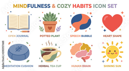 Mindfulness and cozy habits icon set for self-care and well-being