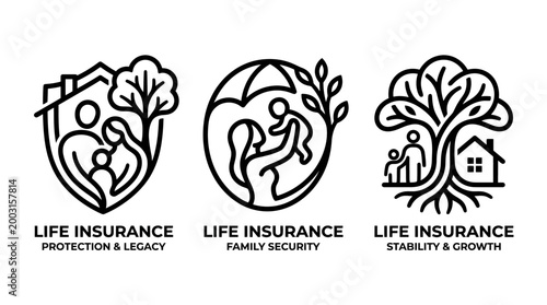 Three Distinct Life Insurance Logos Representing Family Protection and Security.