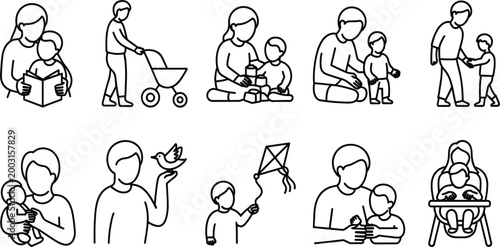 Simple line art icons of parents and children interacting in various activities family baby