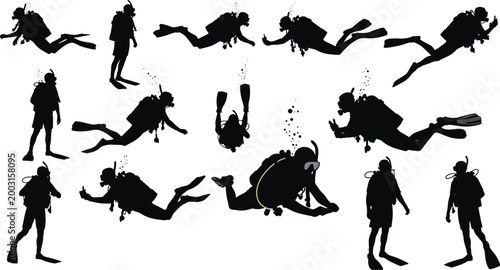 Scuba Diving Silhouette Set with Divers Swimming Underwater, Equipment, Bubbles, and Marine Exploration Poses Isolated on White Background Vector Illustration