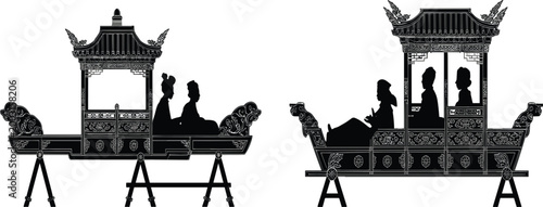 Silhouettes of ornate ancient Chinese imperial sedan chairs with figures palanquin China