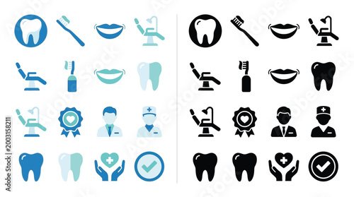 Collection of dental care icons and symbols, presented in both blue and black color schemes for diverse design applications.
