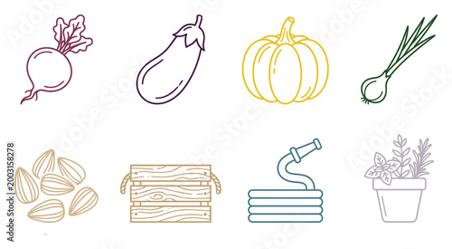 Collection of garden and harvest icons including vegetables, seeds, and tools