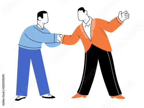 Two professional men shaking hands vector illustration. Business partnership, corporate deal, networking, collaboration, teamwork, legal agreement. Male colleagues greeting each other