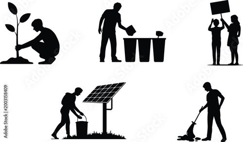Silhouette people planting trees, recycling, protesting, cleaning, and working with solar panels for sustainability and community care