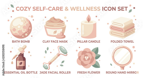 Cozy self-care and wellness icon set with bath bomb, candle, and roller