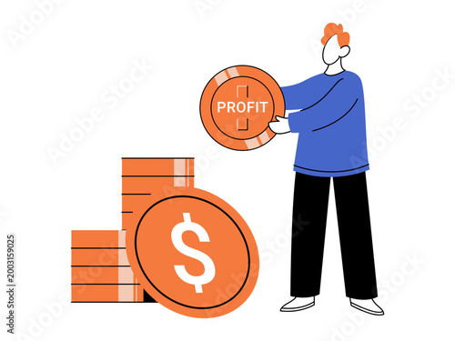 Man holding a profit coin near money stack vector illustration. Financial growth, business success, investment, revenue, banking, income. Person carrying cash symbol near currency pile
