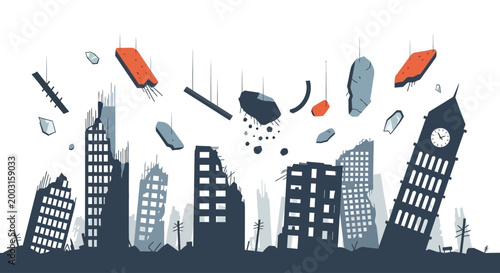 Bild auf Leinwand Abstract illustration of city destruction with falling debris.