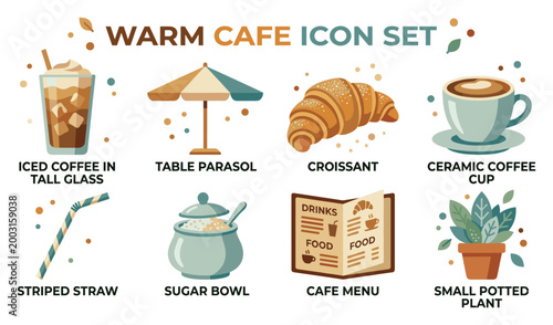 Warm cafe icon set with coffee, croissant, and menu illustrations