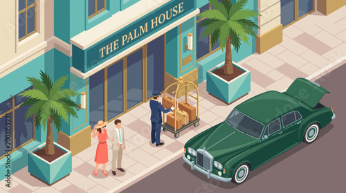 An aerial view captures the grandeur of a luxury hotel entrance, showcasing a green vintage car and bellhop helping guests with luggage, evoking elegance.