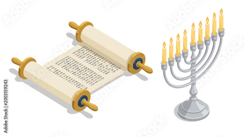 An artistic depiction of a scroll alongside a beautifully designed menorah, representing cultural traditions and celebrations captured in a joyful, illustrative style.