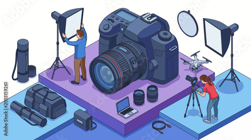 An illustrated scene shows a photographer's workspace with various equipment, showcasing the essentials for high-quality photography and videography.