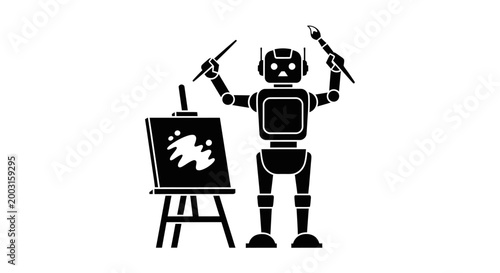 Robot painting on an easel.