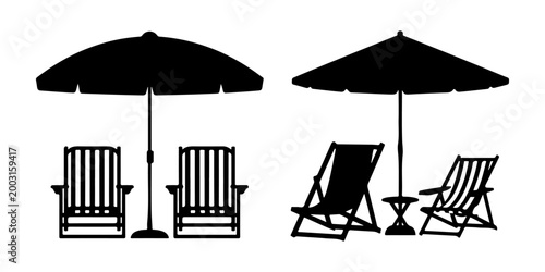 Beach chair silhouettes with parasols and lounge seating icons set summer vacation outdoor relaxation furniture collection, Tropical palm tree beach scene silhouettes with lounge chair and umbrella
