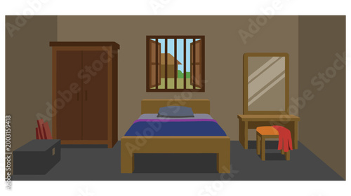 Simple bedroom interior furniture bed wardrobe dresser mirror stool.