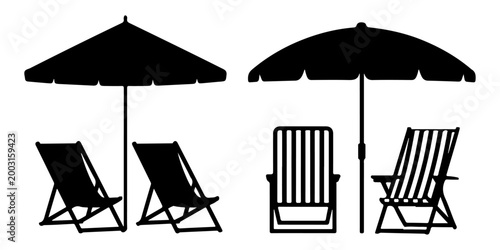 Beach chair silhouettes with parasols and lounge seating icons set summer vacation outdoor relaxation furniture collection, Tropical palm tree beach scene silhouettes with lounge chair and umbrella