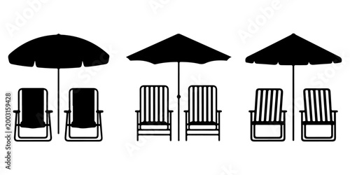 Beach chair silhouettes with parasols and lounge seating icons set summer vacation outdoor relaxation furniture collection, Tropical palm tree beach scene silhouettes with lounge chair and umbrella