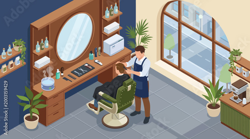 Bild auf Leinwand This image captures a barber in a stylish salon environment, focusing on modern grooming techniques and the personalized experience offered to clients in today’s barbershops
