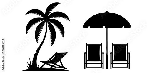 Beach chair silhouettes with parasols and lounge seating icons set summer vacation outdoor relaxation furniture collection, Tropical palm tree beach scene silhouettes with lounge chair and umbrella