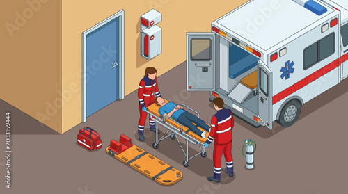 This illustration portrays emergency medical personnel efficiently assisting an injured person, emphasizing urgency, care, and teamwork in medical emergencies.