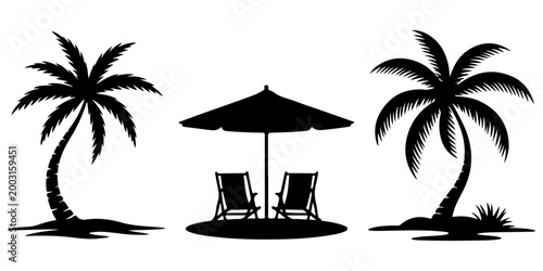 Beach chair silhouettes with parasols and lounge seating icons set summer vacation outdoor relaxation furniture collection, Tropical palm tree beach scene silhouettes with lounge chair and umbrella
