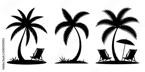 Beach chair silhouettes with parasols and lounge seating icons set summer vacation outdoor relaxation furniture collection, Tropical palm tree beach scene silhouettes with lounge chair and umbrella
