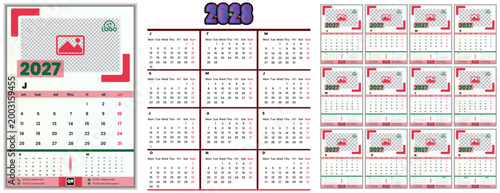 2027 English calendar illustration. Fully editable vector English calendar for the year of 2027 and 2028 and week start from Monday. Professional calendar year of 27 and 28