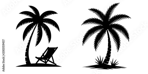 Beach chair silhouettes with parasols and lounge seating icons set summer vacation outdoor relaxation furniture collection, Tropical palm tree beach scene silhouettes with lounge chair and umbrella